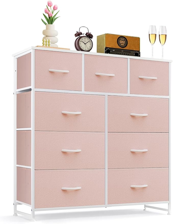 9-Drawer Dresser for Bedroom, Anti-Tip Tall Storage Organizer Chest of Drawers with Wooden Top and Metal Frame Fabric Bins for Closet, Living Room, Hallway, Entryway, Pink
