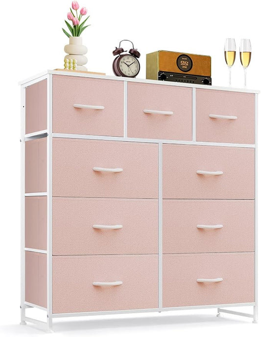 9-Drawer Dresser for Bedroom, Anti-Tip Tall Storage Organizer Chest of Drawers with Wooden Top and Metal Frame Fabric Bins for Closet, Living Room, Hallway, Entryway, Pink
