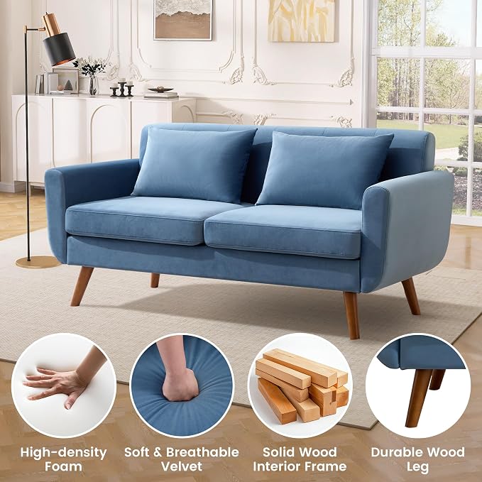 Tbfit 65" W Loveseat Sofa, Velvet Mid Century Modern Love Seat Couches for Living Room, Button Tufted Upholstered Small Couch for Bedroom, Solid and Easy to Install Love Seats Furniture, Blue | linen fabric