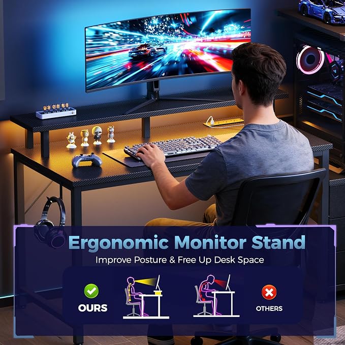 DUMOS 52” Gaming Desk with USB Charging Ports & LED Lights, Reversible Computer Desk with Drawers, PC Desk for Home Office Small Space, Gaming Table Fits PC Towers, Black