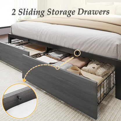 Lifezone Full Bed Frame with 2-Tier Storage Headboard, Metal Bed Frame with Storage Drawers & Built-in Charging Station & LED, Noise-Free, No Box Spring Needed, Easy Assembly, Rustic Grey