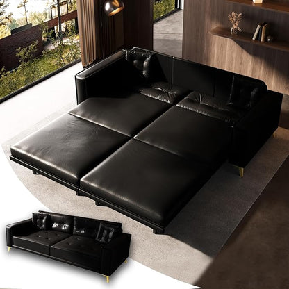 92.1'' King Pull out Sofa Bed, Convertible Futon Couch, 3-in-1 Faux Leather Sleeper Sofa with Tufted Back, 2 Pillows, Gold Legs, Deep Folding Loveseat Couches for Living Room, Apartment, Black