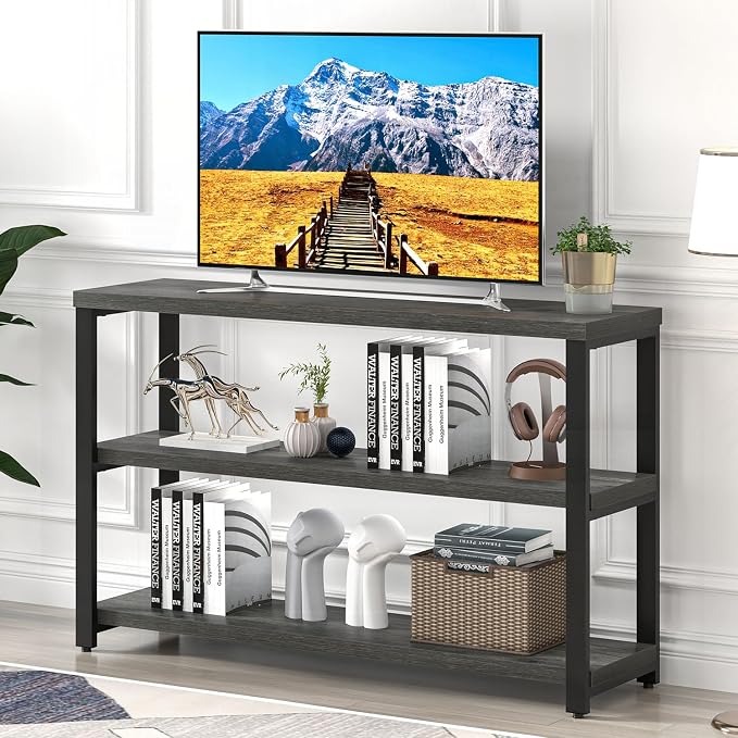 EXCEFUR 47 Inch Rustic Metal and Wood Entryway Table, Console Table Behind Couch with 3 Tier Storage Shelves, Sofa Table for Living Room Hallway Foyer, Industrial Grey