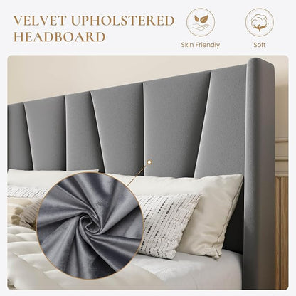 SHA CERLIN Full Size Velvet Bed Frame with Geometric Wingback Headboard, Upholstered Platform Bed with Wooden Slats Support, 8" Under-Bed Space, No Box Spring Needed, Easy Assembly,Light Gray