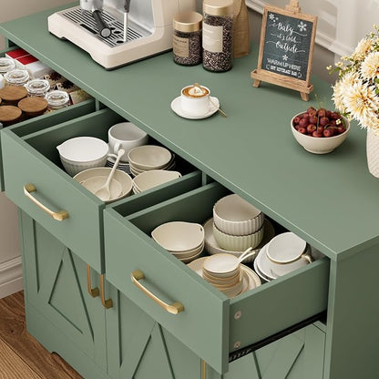 HOSTACK Modern Farmhouse Buffet Sideboard Cabinet, Barn Doors Storage Cabinet with Drawers and Shelves, Wood Coffee Bar with Storage for Dining Room, Kitchen, Living Room, Green