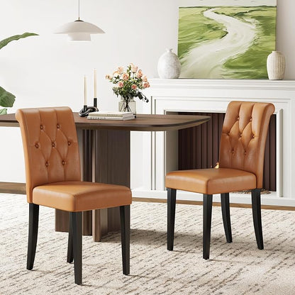 Welzona Upholstered Dining Chairs Set of 4, Button Tufted Parsons Dining Chair with Solid Wood Legs, Modern PU Leather Side Chair for Dining Room/Kitchen/Restaurant/Hotel- Brown