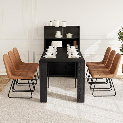 HIPIHOM Dining Table Set for 6, Extendable 86.6" with Storage | Space-saving MDF Kitchen Table with 6 Upholstered U-shaped Brown Chairs, Ideal for Apartment, Living Room