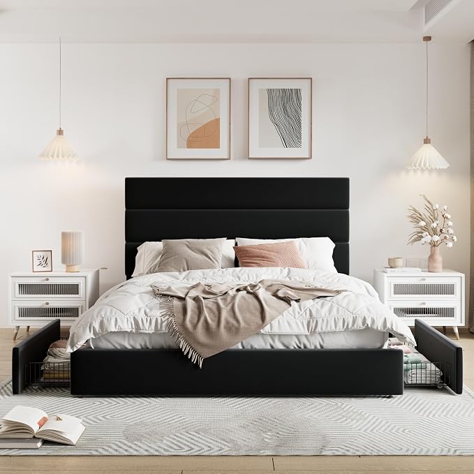Allewie Modern Queen Size Platform Bed Frame with 4 Storage Drawers and Velvet Upholstered Headboard, Wooden Slats Support, Upholstered Mattress Foundation/No Box Spring Needed/Easy Assembly, Black