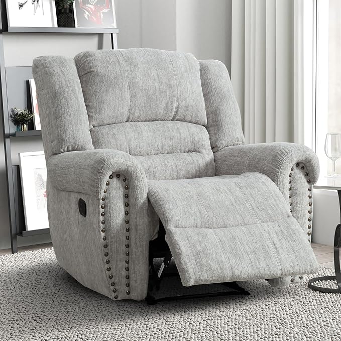 INZOY Recliner Chair, Heavy Duty Manual Reclining Sofa Single Lounge Sofa for Living Room, Home Theater Seating, Grey White