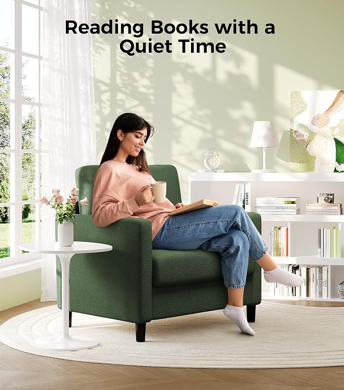 Welzona Sofa Reading Chair,33" Accent Chair for Bedroom, Tool-Free Setup Living Room Accent Chairs, Comfy Arm Chairs Living Room, All-Wood Reading Nook, Green