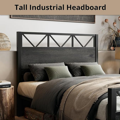 LIKIMIO Queen Bed Frame, Tall Industrial Headboard 51.2 ", Platform Bed Frame with Strong Metal Support, Solid and Stable, Noise Free, No Box Spring Needed, Easy Assembly, Charcoal Grey