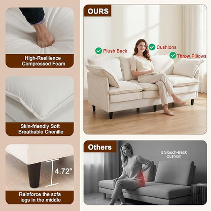 3 Seater Couch Sofa, 69" Small Couch Modern Cozy Comfy Cloud Chenille Sofa 23" Deep 1 Box & 2 Pillows & Washable Cover Couches for Living Room Bedroom Apartment Office 69-Beige-1