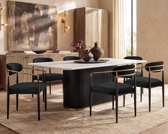 Morden Fort Modern Dining Table and Chairs Set for 6, 70" Black Dining Table with White Faux Marble Top and 6 Upholstered Chairs for Kitchen, Restaurant and Conference