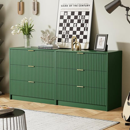 Furniway Green Dresser Bedroom Set 3 Pieces, Nightstands Sets of 2, 6 Drawer Dresser with Gold Handles for Bedroom