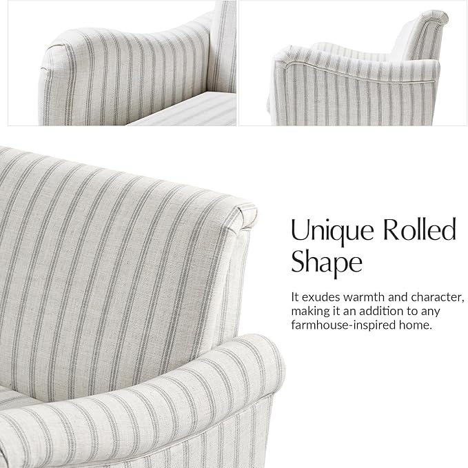 HULALA HOME Farmhouse Curved Couch with Stripe Pattern, 3 Seater Sofa with Solid Wood Spindle Legs and Rolled Wide Armrests, Comfy Upholstered Sofa for Living Room Bedroom, Grey