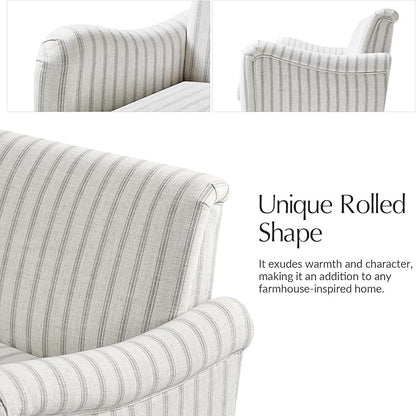 HULALA HOME Farmhouse Curved Couch with Stripe Pattern, 3 Seater Sofa with Solid Wood Spindle Legs and Rolled Wide Armrests, Comfy Upholstered Sofa for Living Room Bedroom, Grey