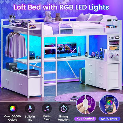 Itaar Twin Loft Bed with L-Shaped Desk & 8 Storage Drawers, Metal Kids Twin Loft Bed with Led Lights, Charging Station, Hall Tree, Safety Guard & Ladder, No Box Spring Needed, White