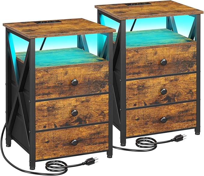 AMHANCIBLE Nightstands Set of 2, LED Night Stand with Charging Station, End Side Tables with USB Port & Outlet, Bedside Tables with 3 Fabric Drawers for Bedroom, Rustic Brown HET053LBR