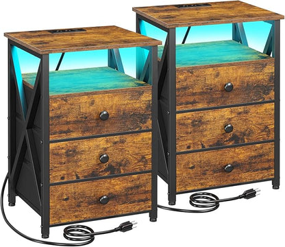 AMHANCIBLE Nightstands Set of 2, LED Night Stand with Charging Station, End Side Tables with USB Port & Outlet, Bedside Tables with 3 Fabric Drawers for Bedroom, Rustic Brown HET053LBR