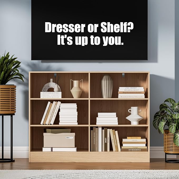 Housoul 6 Cube Bookcase, 6 Removable Fabric PU Drawers Open Bookshelf, 3 Tier Storage Organizer Wooden Book Shelf, Modern Floor Standing Display Bookshelf for Living Room, Entryway, Home Office, Oak