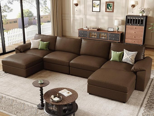 EASE MOOSE Oversized Modular Sectional Sofa,Leather Sectional Couch with Deep Seat, Classic Extra Large U Shaped Couch,Faux Leather Material Sofa Comfy Scratch Resistant for Living Room,Deep Brown