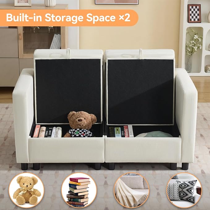 WUTUTUEE 58'' Modular Sectional Loveseat Sofa, Modern Love Seat 2 Seater Sofa Couch with Storage, Chenille Modular Sectional Couch for Living Room, Bedroom, Office, Small Apartment, Beige