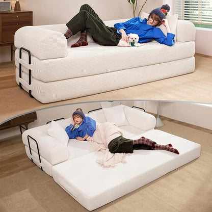 79" Convertible Sofa Bed, Boneless Corduroy Sleeper Foldable Modular Couch, Memory Foam Compressed Sofa in A Box, Folding Mattress Floor Couch for Small Space Living Room Apartment Bedroom, White