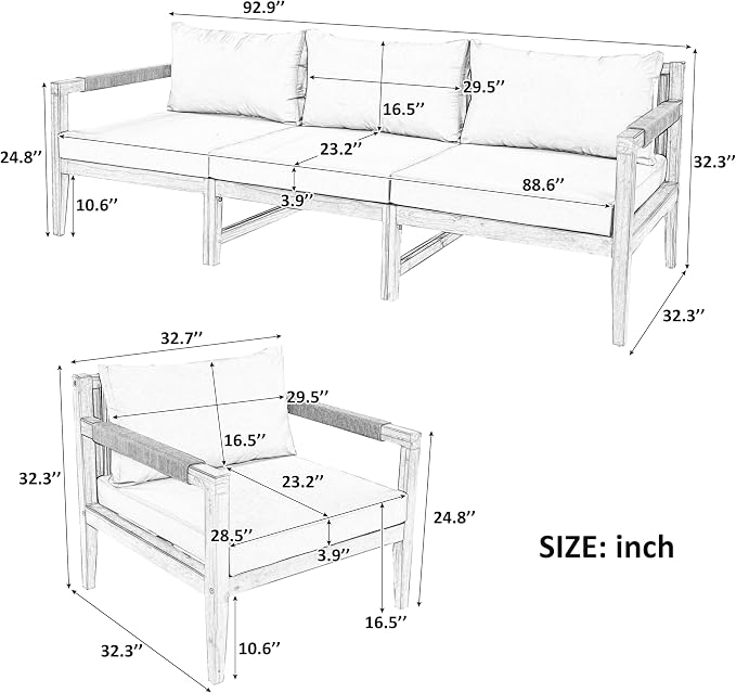 VilroCaz 3-Piece Patio Conversation Set, All Weather Sectional Sofa Set with Acacia Wood Frame and Woven Rope Accents, Outdoor Furniture Set with Cushions for Backyard Deck Poolside (Grey+Rope v)