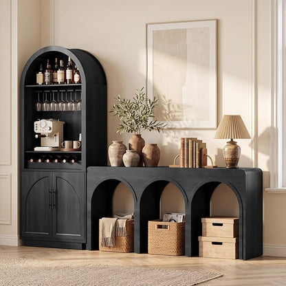 Fatmok 2-Piece Arched Home Bar & Console Set, 79" LED Wine Cabinet with Glass Rack, Charging Station, USB Ports, and 67" Triple-Arch Sofa Table, Modern Beverage Station for Dining Room, Black Grey