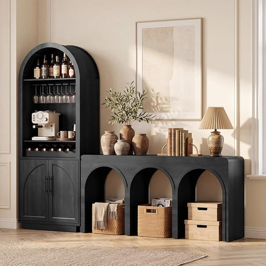 Fatmok 2-Piece Arched Home Bar & Console Set, 79" LED Wine Cabinet with Glass Rack, Charging Station, USB Ports, and 67" Triple-Arch Sofa Table, Modern Beverage Station for Dining Room, Black Grey