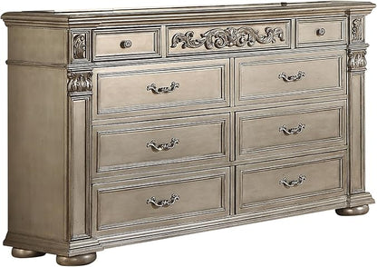 First of a Kind Platinum Traditional 5 Piece King Bedroom Set with Upholstered Tufted Headboard Elegant European Inspired Design Coordinated Furniture Collection, Silver
