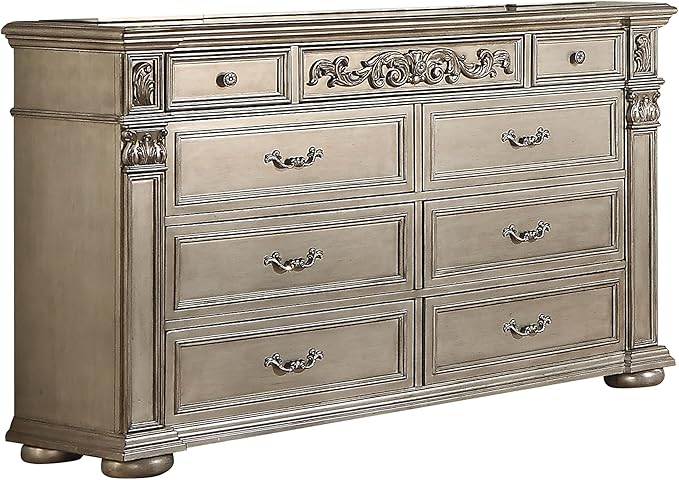 First of a Kind Platinum Traditional 5 Piece King Bedroom Set with Upholstered Tufted Headboard Elegant European Inspired Design Coordinated Furniture Collection, Silver