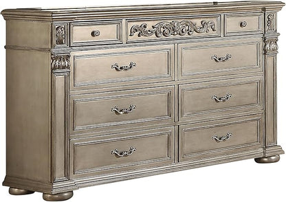 First of a Kind Platinum Traditional 5 Piece King Bedroom Set with Upholstered Tufted Headboard Elegant European Inspired Design Coordinated Furniture Collection, Silver