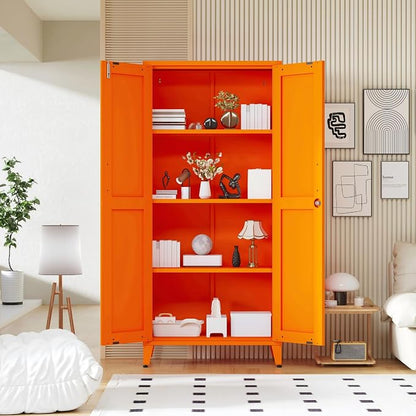 61" Tall Farmhouse Metal Storage Cabinet, Kitchen Pantry Storage Cabinets with 2 Barn Door and 3 Adjustable Shelves, for Home, Office, Kitchen, Laundry Room, Kids Room, Entryway, Orange
