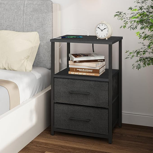 TUTOTAK End Table with Charging Station, Night Stand, Side Table with 2 USB Ports and Outlets, Nightstand with Cloth Drawer, Bedside Table for Livingroom, Bedroom Black TB01BK088