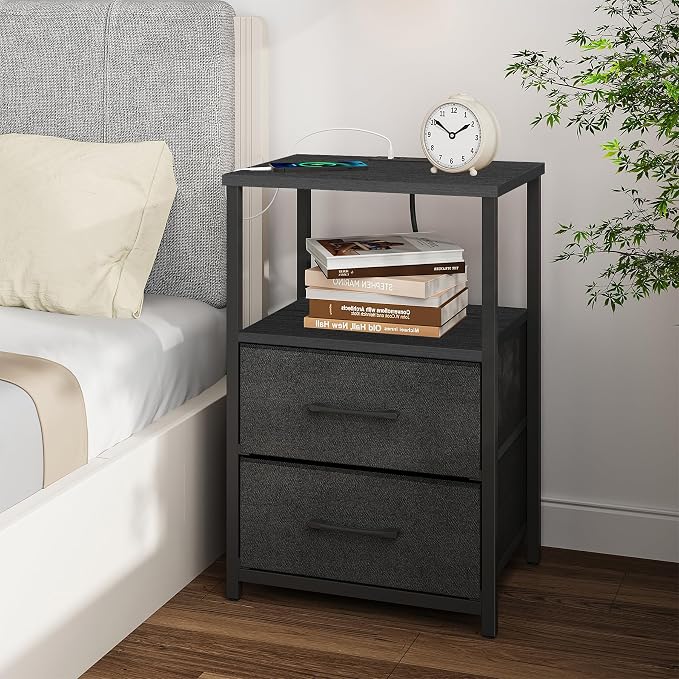TUTOTAK End Table with Charging Station, Side Table with 2 USB Ports and Outlets, Nightstand with Cloth Drawer, Set of 2, Couch Table, Black TB01BK052