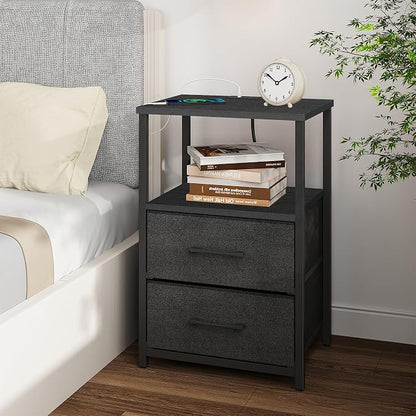 TUTOTAK End Table with Charging Station, Side Table with 2 USB Ports and Outlets, Nightstand with Cloth Drawer, Set of 2, Couch Table, Black TB01BK052