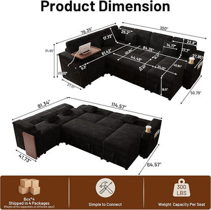 L-Shaped Sectional Sleeper Sofa with Pull Out Bed, Black | Plush Corduroy, Reclining Backrest, Storage Chaise, Usb Ports, Cup Holders & Table – Modular Cloud Couch for Living Room