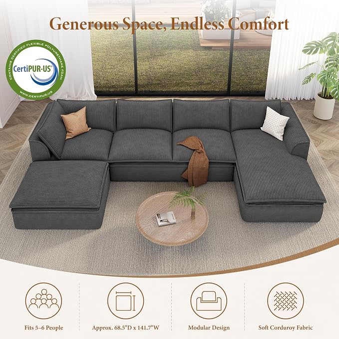 Vesgantti 141.7" U Shaped Boneless Sectional Couch, Modern 6 Seater Modular Sofa with Chaise & Ottoman, Deep Seat Corduroy Cloud Couches for Living Room, No Assembly Required, Dark Gray
