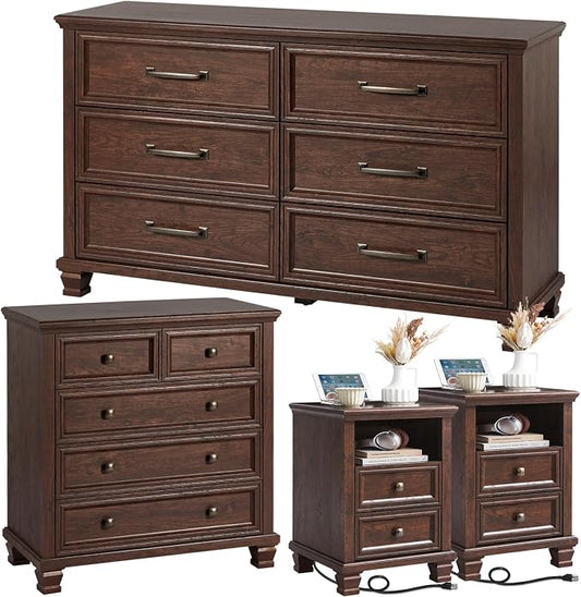 SAVOR LIFE Farmhouse Dresser and Nightstand Sets of 4 Piece, 5/6 Drawer Dresser and 2 Drawer Nightstand Set, Rustic Wood Bedroom Furniture Set for Home, Hallway,Walnut
