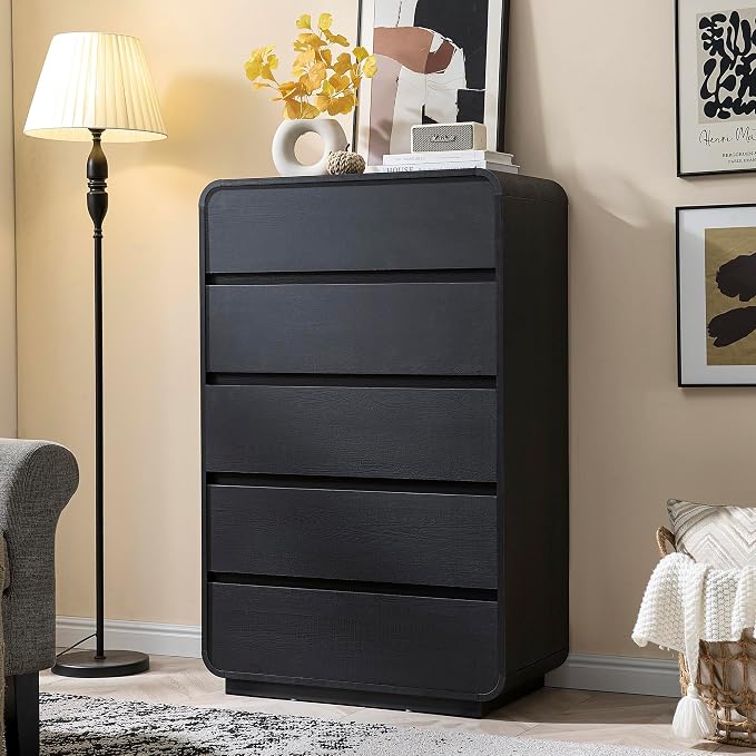 Standifurno 29.5’’ W Dresser for Closet, Black Drawers with Curved Design, Chest Drawer with 5 Drawers, Vertical Drawer with Large Storage, Wooden Dresser for Living Room, Nursery, Entryway