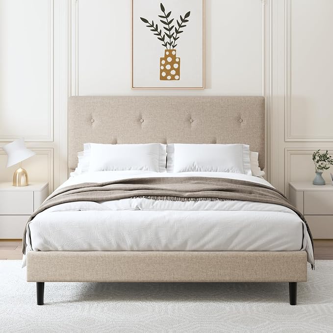 Full Size Linen Bed Frame, Upholstered Platform Bed Frame with Adjustable Headboard, Wooden Slats Support, No Box Spring Needed, Easy Assembly, Beige