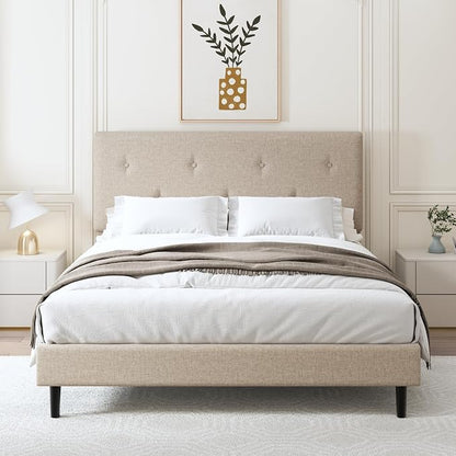 Queen Size Linen Bed Frame, Upholstered Platform Bed Frame with Adjustable Headboard, Wooden Slats Support, No Box Spring Needed, Easy Assembly, Beige