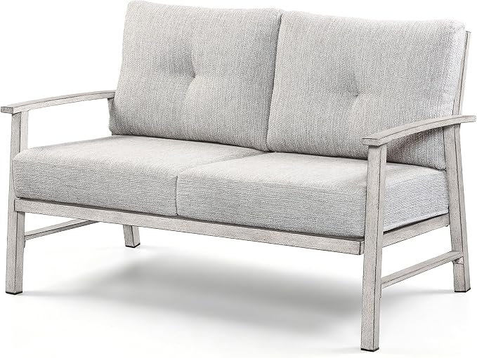 Patio Furniture Loveseat Sofa, Outdoor Aluminum Patio Couch with 5.9'' Soft Cushion, All-Weather 2 Seats Outdoor Furniture Sofa Couch for Garden, Poolside, Lawn, White Oak