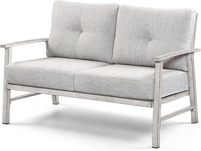 Patio Furniture Loveseat Sofa, Outdoor Aluminum Patio Couch with 5.9'' Soft Cushion, All-Weather 2 Seats Outdoor Furniture Sofa Couch for Garden, Poolside, Lawn, White Oak