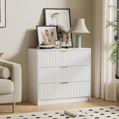 Furniway White Dresser Bedroom Set 3 Pieces, Nightstands Sets of 2, 6 Drawer Dresser with Gold Handles for Bedroom