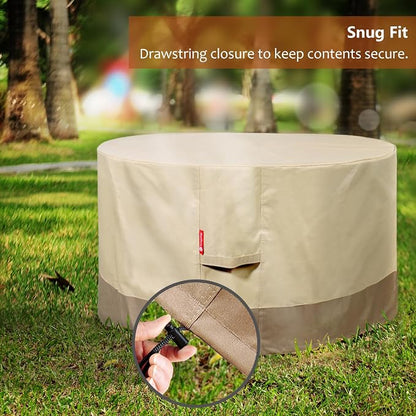 SheeChung Fire Pit Cover Round 50" D x 24" H,Waterproof 600D Material,Beige | PVC inner coating,Heavy Duty Outdoor Propane Fire Pit Cover,Tear & Fade Resistant,Fits Wood Burning Fire Pit Table/Fireplace
