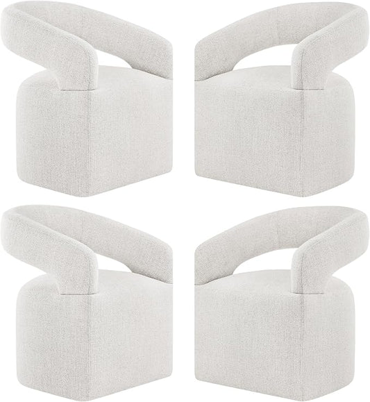 KISLOT Upholstered Dining Chairs Set of 4, Modern Rolling Dining Chairs with Hidden Casters, Arm Kitchen Chairs with Linen Look Fabric, Padded Barrel Chairs for Dining Room, Kitchen, Bedroom, Beige
