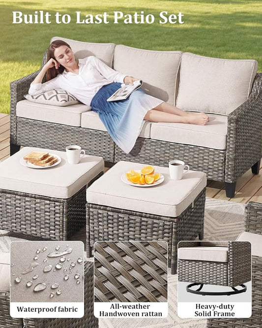 Outdoor Furniture Set of 1, Luxury Patio Sofa 3-Seat Wicker Couch with 4" Thick Cushion - Outdoor Furniture Rattan Sofa with Deep Seating High Back(Beige)