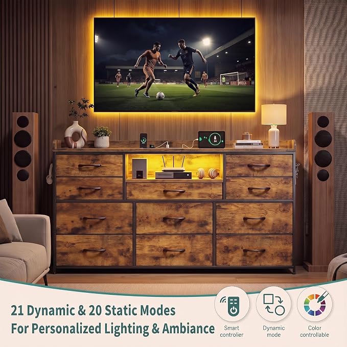 Bepatio LED Dresser for Bedroom with 11 Drawers,Power Strip,4 Hooks,Brown | Stylish Dressers & Chests of Drawers with 2 Wood Storage Shelves, TV Stand for 50/55/60 Inch TVs, Sturdy Metal Frame
